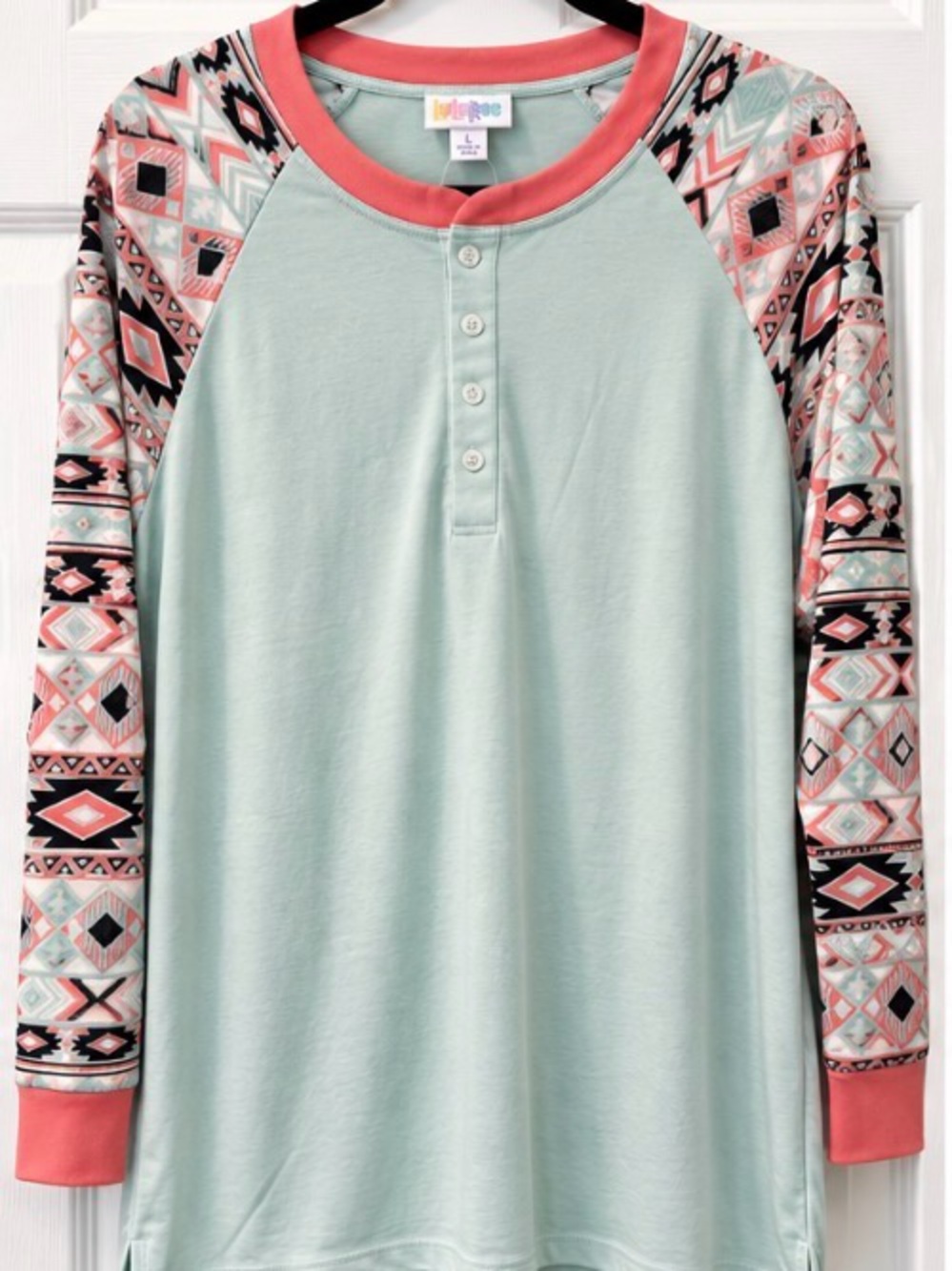 LuLaRoe Mint and Coral Aztec Mark Top
